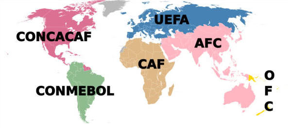 Kontinentale Fussballverbände auf der Weltkarte