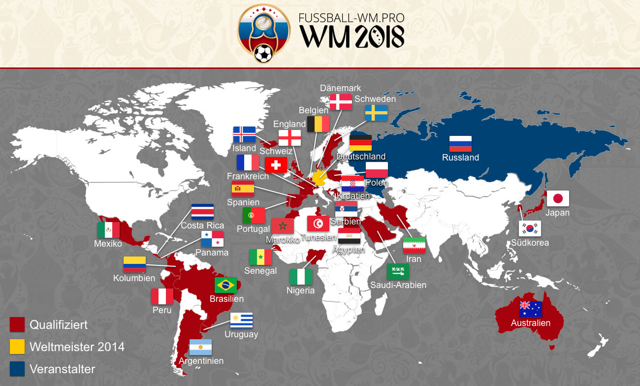 WM Teams 2018 Die Teams der WM 2018 auf der Weltkarte