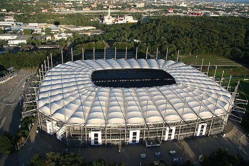 Das Volksparkstadion in Hamburg als EURO 2024 Spielort in Deutschland