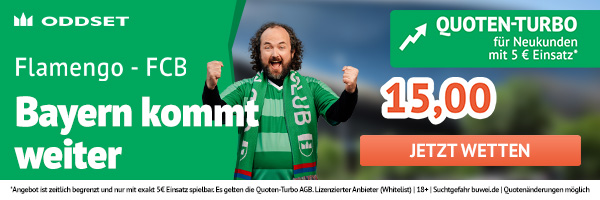 Quote 15 bei Oddset auf Bayern kommt gegen Flamengo weiter
