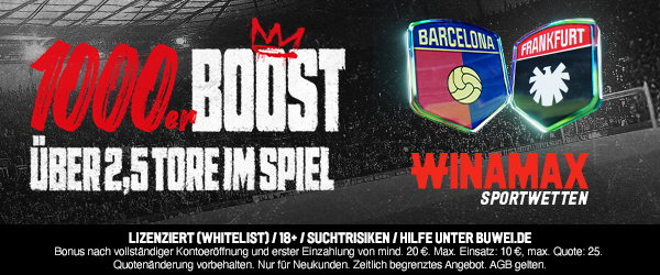 1000 % Boost bei Winamax zum Duell Barcelona vs Frankfurt