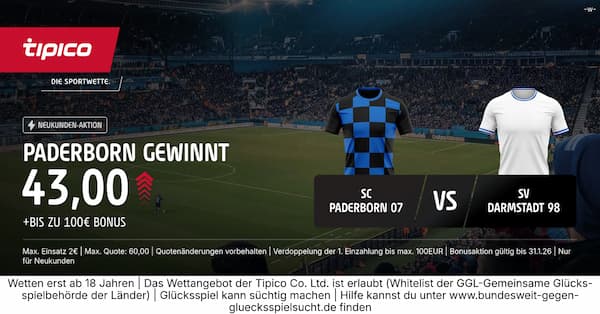 1900 % Boost bei Tipico auf Sieg Paderborn gegen Darmstadt