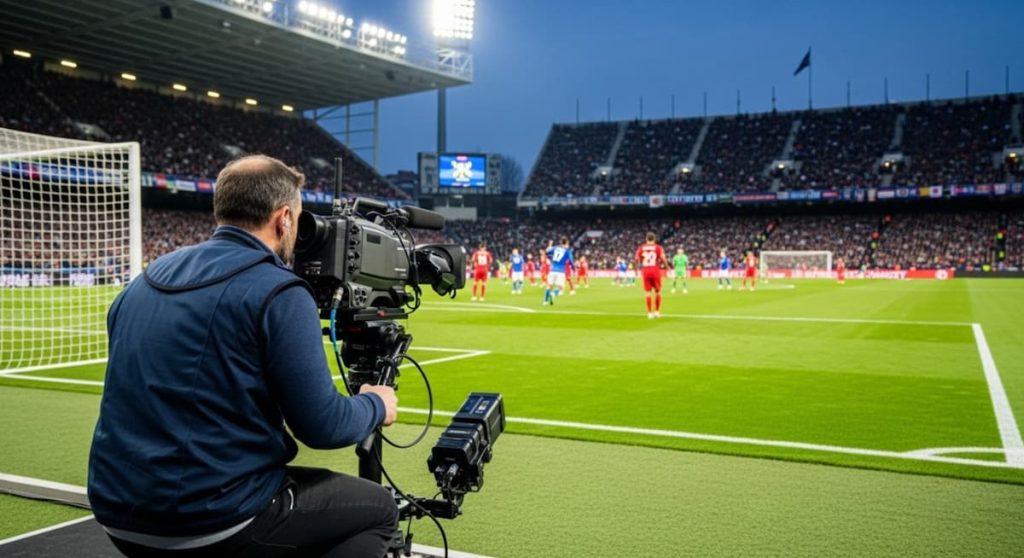 Fußballfeld mit Fernsehkamera am Rand